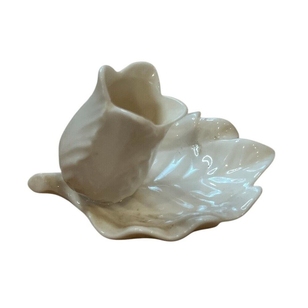 Vintage SRG Leaf Shape with 3D Flower White Porcelain Trinket Dish Japan 4.25”